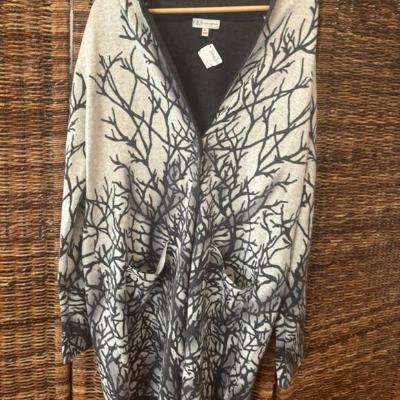 Neiman Marcus Tree Branch Print Open Front Cardigan Sweater Gray/Black Size L - Picture 1 of 5